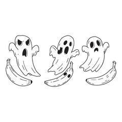 Three Cartoon Ghosts Floating Around Bananas fruit