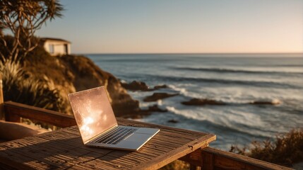 a laptop sits open on a wooden table overlooking a dramatic coastline with waves crashing against the rocks during a golden sunset.