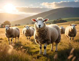 Obraz premium Sheep in a golden field at sunset