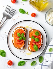 Top-down view of whole grain toast with ricotta, sliced tomatoes, olive oil, black pepper, basil garnish on white plate over marble. Bright, fresh, clean breakfast scene.