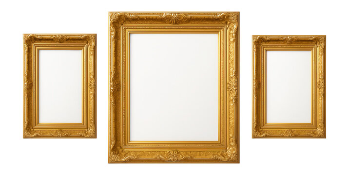 Three golden picture frames arranged symmetrically.