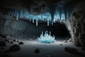 Magische Eishöhle mit leuchtenden Eiszapfen und kristallklaren Eisformationen