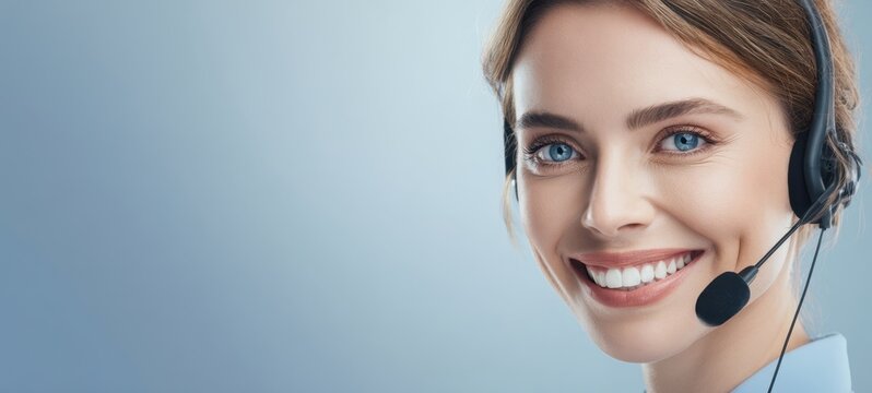 The smiling woman with headset providing exceptional customer service support.