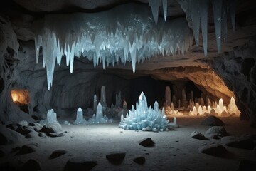 Magische Eishöhle mit leuchtenden Eiszapfen und kristallklaren Eisformationen