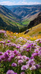 Obraz premium Beautiful wildflowers bloom vibrantly in a lush valley surrounded by mountains during a sunny day in spring
