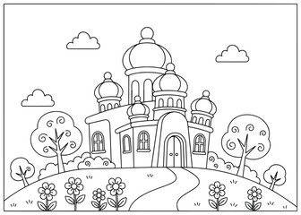 Fototapeta premium Mosque illustration of an Islamic architectural building with domes surrounded by trees flowers and clouds on a hill in a peaceful cultural landscape