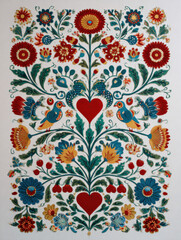 Colorful floral and bird designs create a vibrant display of folk art inspired by traditional patterns from Eastern Europe