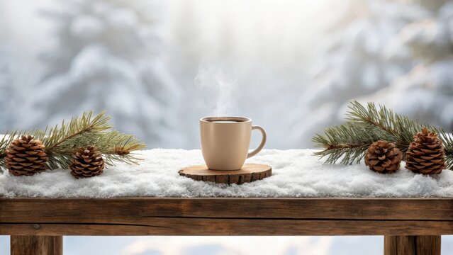 Cozy warm mug of steaming hot beverage on a snowy wooden table with pine cones and fir branches