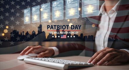  Patriot Day 9/11 Digital Memorial, Remembering Victims and Heroes, Person Working on Computer, Virtual Remembrance, Never Forget, Technology and History