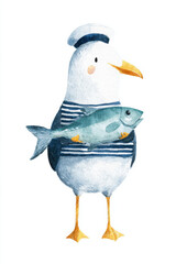 Seagull in sailor uniform holding fish by the shore during a sunny day
