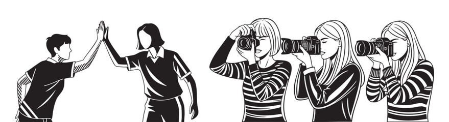 Dynamic team celebrates success with high fives, photographers capture moment with cameras