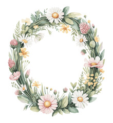 Vector flat illustration of a circular floral wreath frame with daisies, buttercups, clover, and wild herbs in soft watercolor texture, perfect for spring decor, invitations, and design