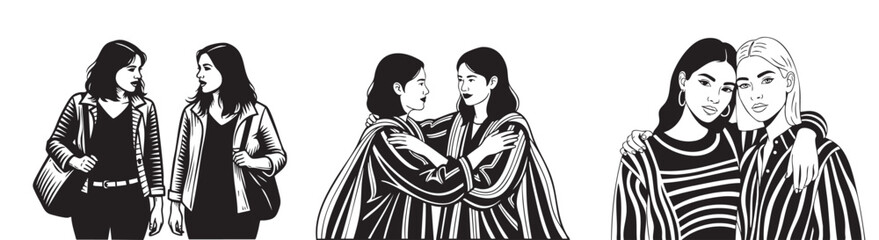 Diverse women friends sharing moments of connection and support in stylish modern outfits