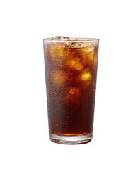 A tall glass filled with a dark, bubbly beverage and ice cubes, isolated on a transparent background