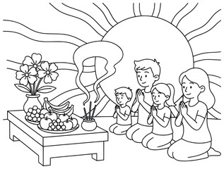 Family prayer offering fruits flowers and incense at sunrise with children and parents kneeling together in devotion showing a peaceful spiritual moment outdoors