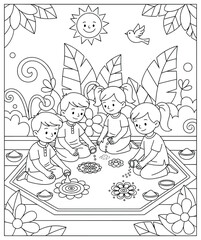 Rangoli design created by children sitting together outdoors with flowers and colored powders surrounded by plants sunshine and a bird in festive celebration