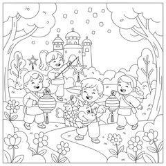 Lantern festival with children carrying lanterns dragon costume and star decorations while celebrating outdoors near trees flowers and a castle background