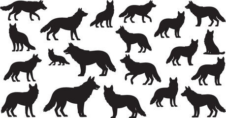 Fototapeta premium Set of wolf silhouettes including howling and standing wolves, editable EPS vector.