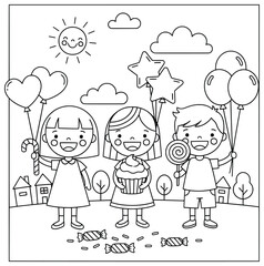 Balloons celebration with happy children holding candy lollipop cupcakes and balloons outdoors on a sunny day surrounded by houses and trees