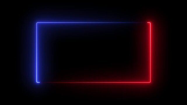 Glowing neon square frame animation. neon red and blue color bordar frame display box round shape. neon box frame animation on black background.
