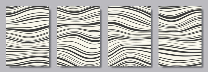 Retro set of vintage 20s geometric design vector posters with black waves for cover design, poster, note book, menu design. Vintage Bauhaus background.