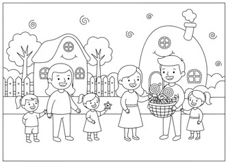 Family celebration with parents and children happily sharing a large basket of sweets and candies together in front of their cozy houses outdoors