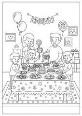 Birthday party celebration with family and children enjoying a festive table full of cakes cookies candies and sweets together in a decorated room