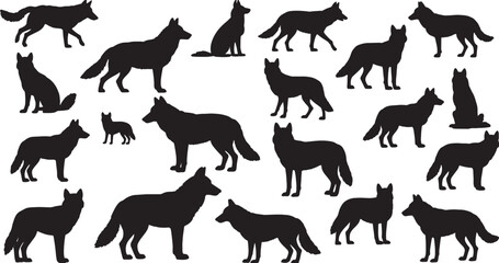 Obraz premium Set of wolf silhouettes including howling and standing wolves, editable EPS vector.