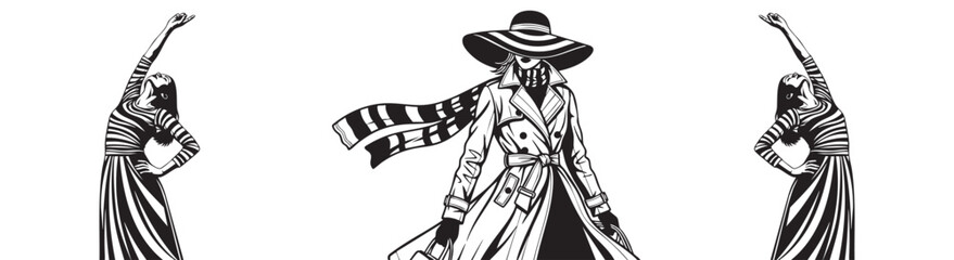 Elegant woman in trench coat and hat strikes a dramatic pose with synchronized dancers