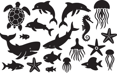 Set of Sea and Ocean Animal Silhouettes Vector Collection.