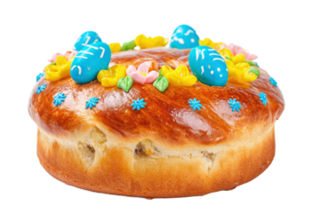 Festive Easter Bread with Decorated Eggs and Icing Flowers, isolated on white transparent background