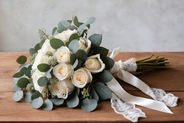 Schöner Brautstrauß aus weißen Rosen und Eukalyptus mit Satinband und Schleife