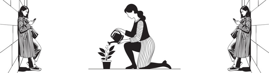 Woman nurturing plant while others focus on phones, symbolizing modern life balance.