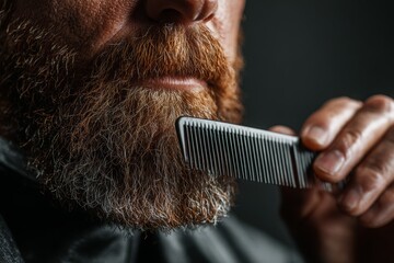 Close up of a man grooming his beard with a comb, achieving a neat and stylish look, highlighting his personal care routine and attention to detail.