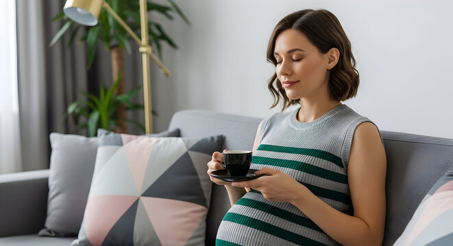 Relaxed pregnant woman enjoying a warm drink at home peaceful morning calm serene motherhood pregnancy comfort wellbeing tea coffee home cozy couch sofa - Powered by Adobe