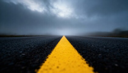 Fototapeta premium A long asphalt road stretches towards the horizon under a cloudy, stormy sky, marked by a bright yellow center line.