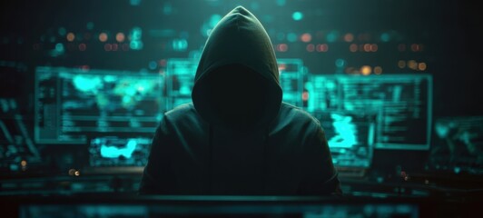 The enigmatic hacker cloaked in shadows working in a futuristic environment.