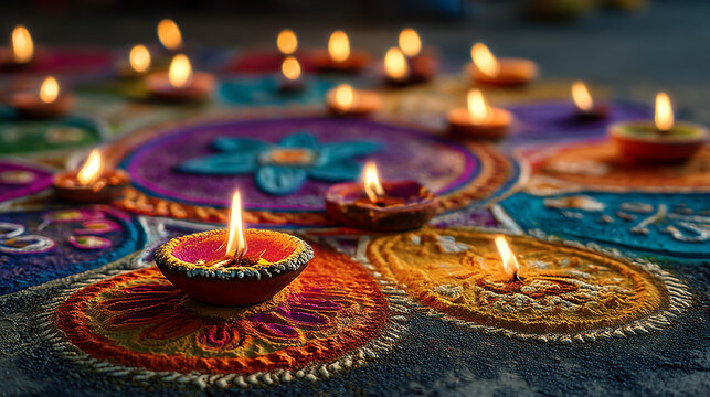 Close up shot of several lit diyas on a colorful rangoli pattern creating a festive ambiance