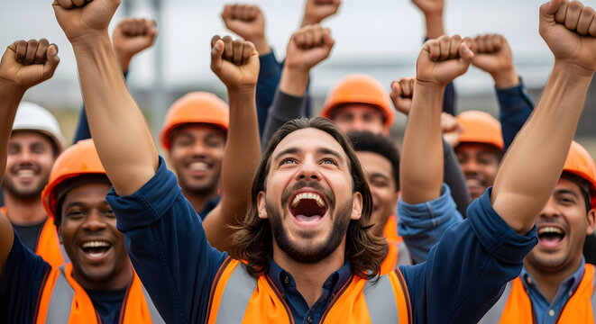 Celebrating Success Diverse Construction Workers Teamwork Achievement Project Completion Happy Team United Strong Workers Power - Powered by Adobe