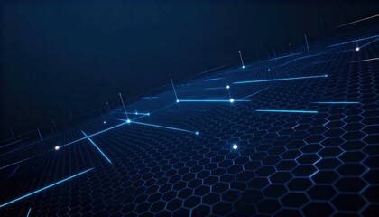 Abstract blue network with glowing connections over a hexagonal grid, suggesting data flow and technology.