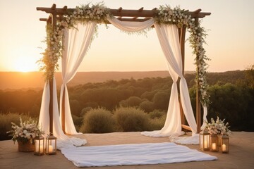 Romantische Hochzeit im Freien bei Sonnenuntergang, mit eleganter Zeremonie und blumengeschm&uuml;cktem Hochzeitsbogen
