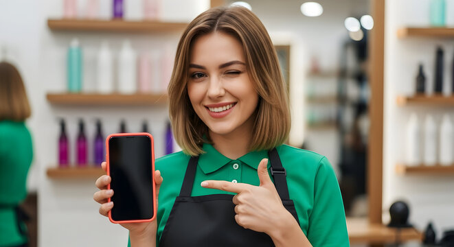 Smiling woman hair salon stylist showing blank phone screen online appointment booking beauty mobile app