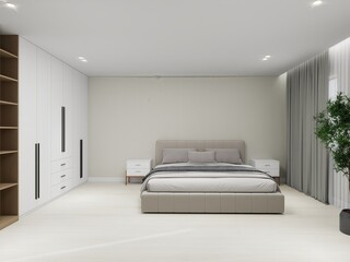 Spacious modern bedroom with neutral tones, upholstered bed, sleek wardrobes, minimalist nightstands, soft curtains, and a touch of greenery for a calm, elegant atmosphere