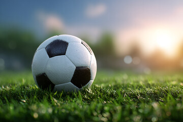 Fototapeta premium Soccer ball on grass at sunset dewy and fresh