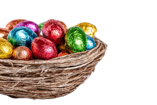 Chocolate Easter Eggs in Nest, isolated on white transparent background