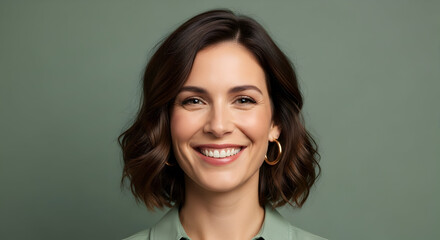 Portrait of a smiling young woman with shoulder length brown hair wearing gold hoop earrings against a sage green background