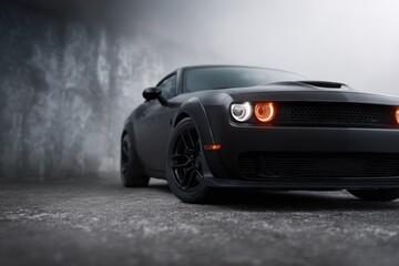 Sleek black muscle car in urban setting with moody background at dusk