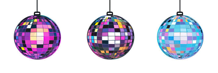 Three colorful disco balls hanging party decoration with reflective mirrored tiles in minimalist flat vector style on white background for dance club or celebration design