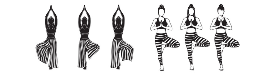 Diverse women practice yoga tree pose in stylish striped activewear, promoting wellness and balance.
