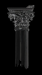 Obraz premium Detailed black and white vector illustration of a classical Corinthian column with acanthus leaf decorations and fluted shaft in minimalist flat outline style